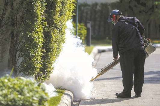 A worker sprays insecticide for mosquitoes at a village in Bangkok.
