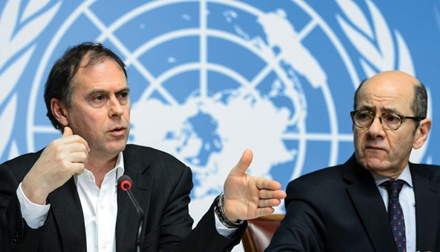 UN High Commissioner for Human Rights spokesman Rupert Colville (left) and interim director of the UN Information Service in Geneva Ahmed Fawzi brief the press yesterday in Geneva on new claims of child abuse by foreign troops in Africa.