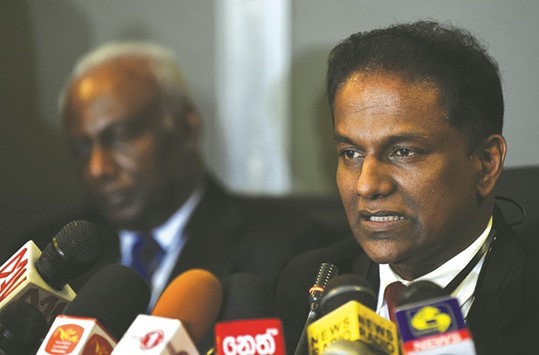 New president of Sri Lanka Cricket Thilanga Sumathipala (R) speaks during a press conference in Colombo yesterday. (AFP)