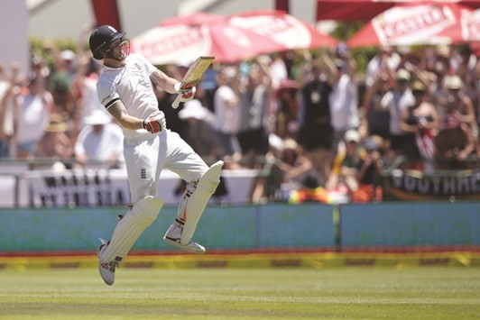 Englandu2019s Benjamin Stokes celebrates scoring a double century during the day two of the second Test against between South Africa at  Newlands stadium in Cape Town, South Africa, yesterday. (AFP)