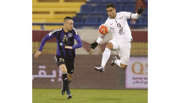 El Jaish striker Abderrazzaq Hamedallah (R) scored the opening goal for his team against Al Sailiya in their Qatar Stars League clash yesterday. Jaish won the match 2-1. PICTURES: Noushad Thekkayil & Othman Iraqi