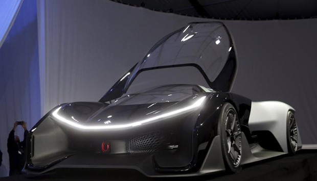 The Faraday Future FFZERO1 electric concept car is shown after an unveiling at a news conference in Las Vegas.