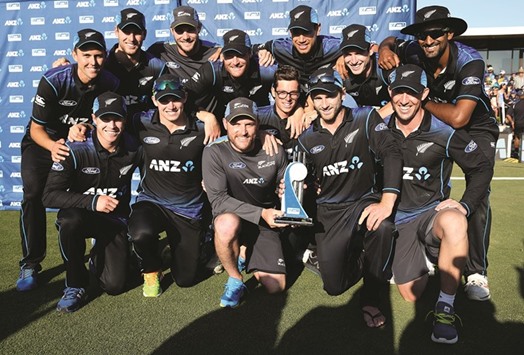 New Zealand celebrate winning the series 3-1 after the fifth one day international against Sri Lanka at the Bay Oval in Mount Maunganui yesterday. (AFP)