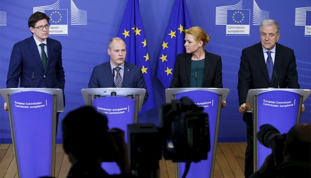 (L-R) German Interior Ministry State Secretary Ole Schroeder, Sweden's Minister for Justice and Migration Morgan Johansson, Danish Immigration and Integration Minister Inger Stojberg and European Commissioner for Migration and Home Affairs Dimitris Avramopoulos address a joint news conference after their meeting at the EU Commission headquarters in Brussels, Belgium.