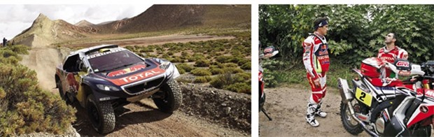 Peugeot driver Stephane Peterhansel and co-driver Jean Paul Cottret compete during the fourth stage of the Dakar 2016 around Jujuy, in Argentina, yesterday. Picture on right, Paulo Goncalves was handed the win in Stage 4 after Joan Barreda Bort (left) was docked five minutes for speeding for the second day running. (Reuters)