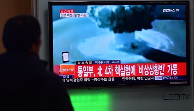 A man watches a news report on North Korea's first hydrogen bomb test at a train station in Seoul on Wednesday. South Korea ,strongly, condemned North Korea's shock hydrogen bomb test and vowed to take ,all necessary measures, to penalise its nuclear-armed neighbour.