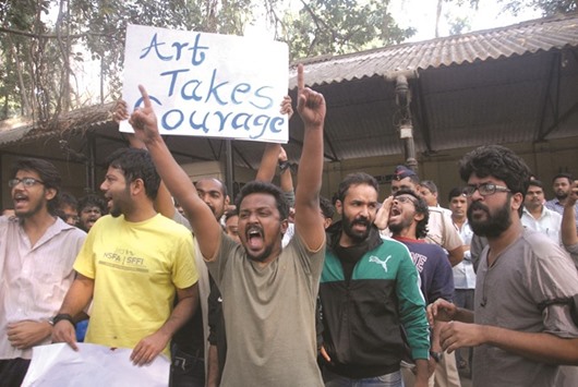 FTII students stage a demonstration after Chauhan assumed office as FTII chairman in Pune yesterday.