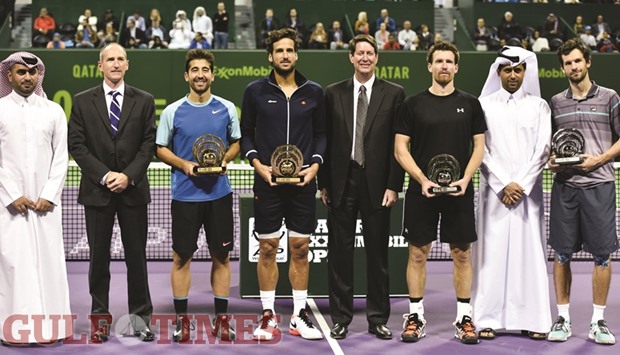 QTF president Nasser al-Khelaifi with the doubles winners Feliciano Lopez and Marc Lopez, and the runner-up dup of Philipp Petzschner and Alexander Peya yesterday. PICTURES: Noushad Thekkayil