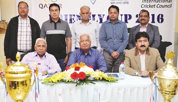 Qatar Cricket association president MA Shahid (center), general secretary Manzoor ahmed (left) and tournament director Gul Khan (right) with other officials of QCA during the press conference yesterday.