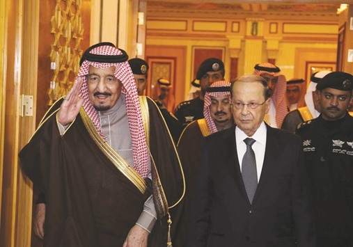 Saudi King Salman bin Abulaziz al-Saud welcomes Lebanonu2019s President Michel Aoun in Riyadh yesterday.