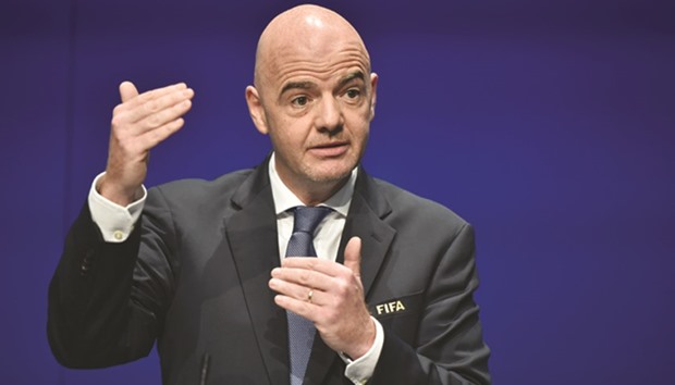 International Federation of Association Football (FIFA) President Gianni Infantino gestures while speaking during a press briefing closing a meeting of the FIFA executive council yesterday at FIFA headquarters in Zurich.