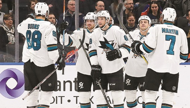 San Jose Sharks celebrate a first period goal by forward Mikkel Boedker (second from right) against Edmonton Oilers on Tuesday. (USA TODAY Sports)