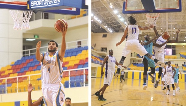 LEFT PHOTO: Al Gharafau2019s Saad Abdulrahman Mohamed in action against Qatar SC during their match yesterday.   RIGHT PHOTO: Al Wakrahu2019s Olatokunbo Ayeni (second from right) goes for a basket during the match against Al Khor yesterday.