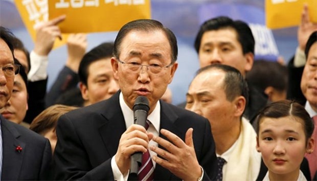 Former UN chief Ban Ki-moon speaks during a news conference upon his arrival at the Incheon International Airport in South Korea on Thursday.