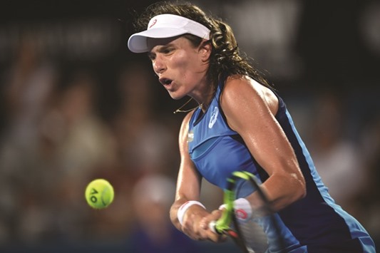 Johanna Konta of Britain hits a return to Eugenie Bouchard of Canada at the Sydney International tournament. (AFP)