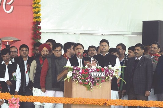 Uttar Pradesh Chief Minister Akhilesh Yadav addresses a convention of his supporters in Lucknow yesterday.