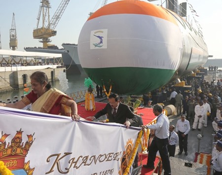 Scorpene class submarine INS Khanderi being launched at the Mazagon Dock in Mumbai yesterday.