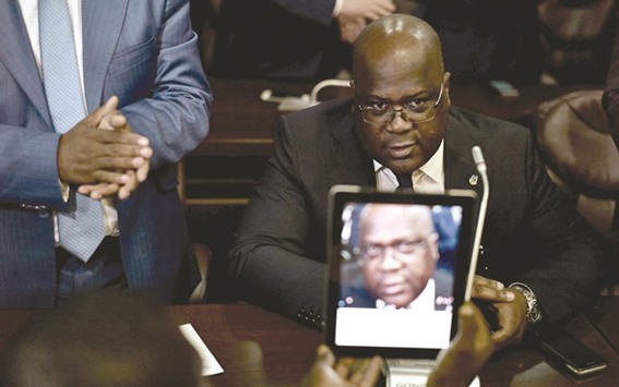Tshisekedi addresses the media after signing the accord between the opposition and the Kabila government.