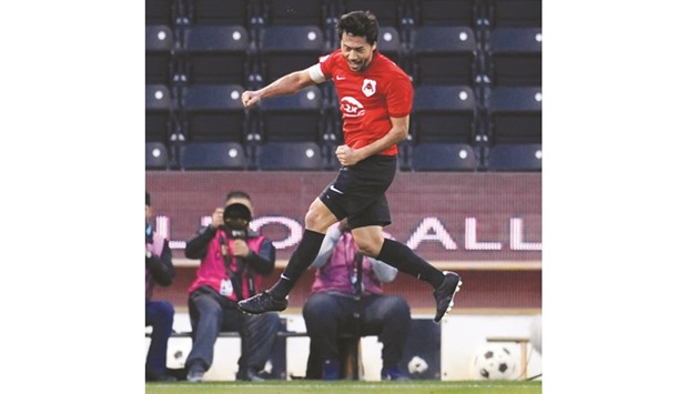 Al Rayyan captain Rodrigo Tabata celebrates after scoring a goal against Al Sailiya during their Qatar Stars League match yesterday. PICTURE: Shemeer Rasheed