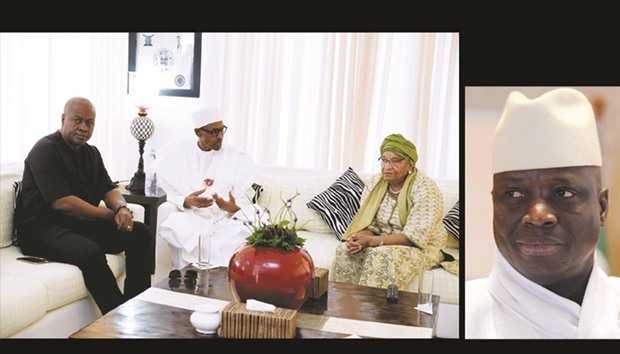 Nigeriau2019s President Buhari and Liberiau2019s President Johnson Sirleaf with Nigeriau2019s Foreign Affairs Minister Geoffrey Onyeama in Banjul yesterday.   RIGHT: Jammeh: refuses to give up power after losing the December 1 polls.