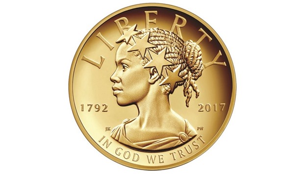 The new $100 gold coin featuring an African-American woman as the face of Lady Liberty for the first time in the history of US currency, is shown in this photo provided on Friday.