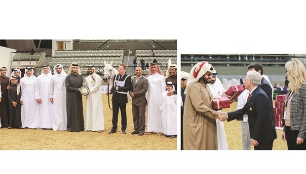 Sheikh Saood bin Abdul Aziz al-Thani presents the trophy after Deema Al Nasser was adjudged Senior Champion Mare at the 2nd Qatar National Peninsula Arabian Horse Show for Individual Owners 2017.  RIGHT PHOTO: QREC general manager Nasser Sherida al-Kaabi (left) presents mementos to judges. PICTURES: Juhaim