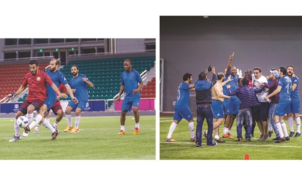A QIB player tries to seize the ball from QCB defender during the Aspire Banks tournament. RIGHT: QIB players celebrate after thier victory.