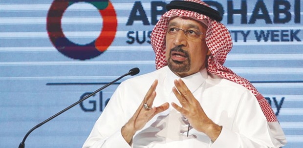 Saudi Energy Minister Khalid al-Falih speaks during the 10th edition of the World Future Energy Summit in the UAE capital Abu Dhabi yesterday. The re-balancing of the oil market should take place by the end of the first half of the year, al-Falih said.