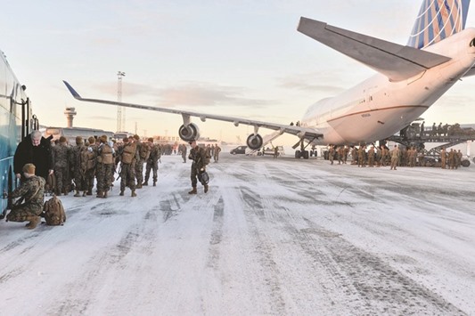 A Boeing 747 that transported 300 US Marines, who are to attend a six-month training on winter warfare, is seen in Vaernes airport.