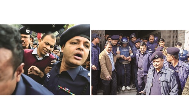 RAB commander Tarek Sayeed is escorted by police at Narayangong court in Narayangong yesterday.   RIGHT PHOTO: Nur Hossain, third left, the prime accused in the Narayanganj seven-murder case, is being taken out of the court after the verdict was returned in Narayanganj, near Dhaka, yesterday.