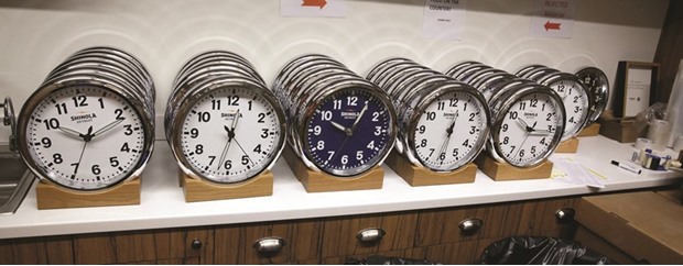 Large clocks are displayed after being assembled at the Shinola Watch factory in  Detroit, Michigan.