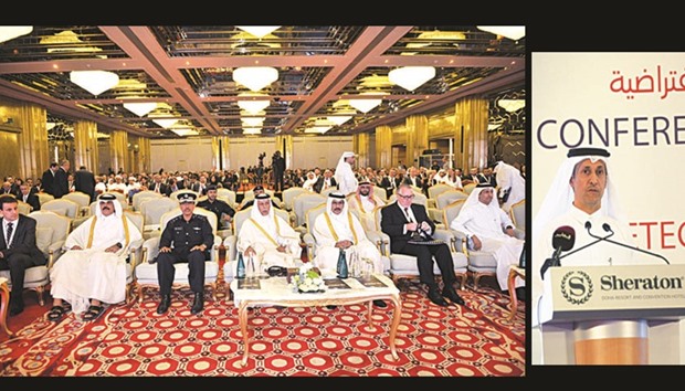 Deputy Prime Minister and Minister of State for Cabinet Affairs HE Ahmed bin Abdullah bin Zaid al-Mahmoud and other dignitaries attending the opening session of the three-day Global Conference on u201cMoney Laundering and Digital Currenciesu2019u2019 in Doha yesterday. Right: Deputy Governor of QCB and Chairman of the National Anti-Money Laundering and Terrorism Financing Committee HE Sheikh Fahad Faisal al-Thani addressing the opening session of the conference.