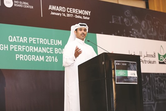 QP president and CEO Saad Sherida al-Kaabi addressing the u2018Qatar Petroleum High Performance Boards Awardu2019 ceremony on Monday.