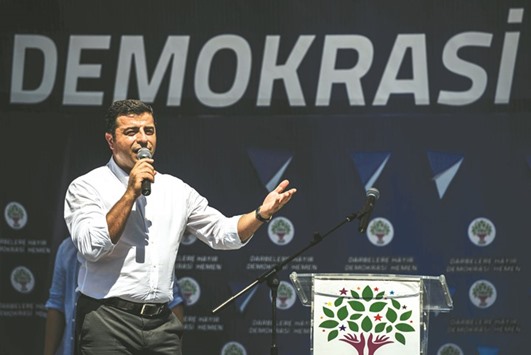 This file photo taken on July 23 last year shows Demirtas at a rally against the military coup and the state of emergency at the Gazi district in Istanbul.