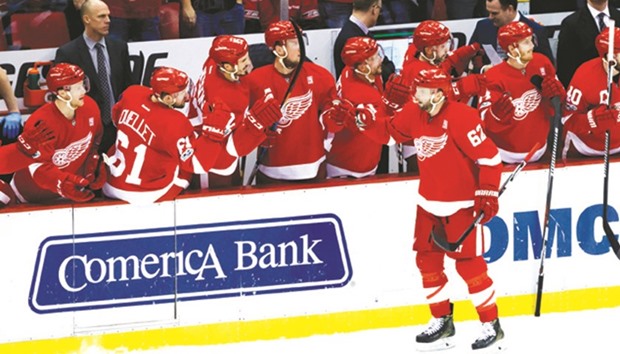 Detroit Red Wings left wing Thomas Vanek (No 62) receives congratulations from teammates after scoring in the second period against the Montreal Canadiens at Joe Louis Arena. PICTURE: USA TODAY Sports