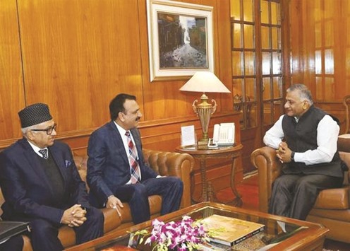 Indian Minister of State for External Affairs V K Singh, right, with Minister for Foreign Affairs of Nepal, Prakash Sharan Mahat during a meeting in New Delhi yesterday. Nepal ambassador to India Deep Kumar Upadhyay is also seen.