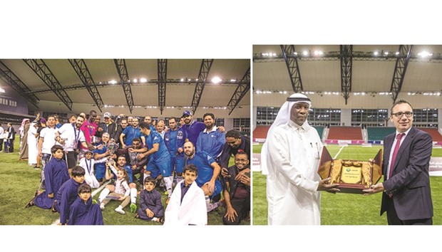 QIB players celebrate their victory in the Aspire Banks Football Tournament.   RIGHT PHOTO: QIB presents a memento to AZF Events manager Abdullah al-Khater.