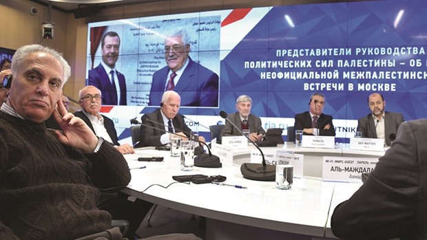 Representatives of Palestinian political parties and movements at a press conference in Moscow yesterday.