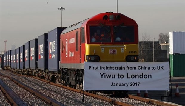 The first freight train from China to Britain arrives at Barking Intermodal Terminal near London on Wednesday.