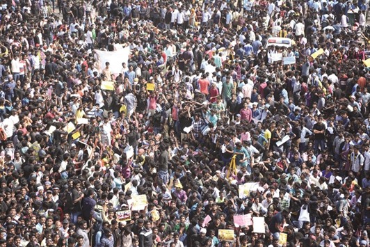 Protesters gather at Marina Beach in Chennai against the ban on Jallikattu yesterday.