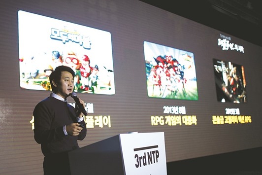 Founder and chairman of the board of Netmarble Games, Bang Jun-hyuk, speaks during a news conference in Seoul. South Koreau2019s largest mobile game company wants a place within the top 10 in mobile games in China and Japan, Bang said on the sidelines of a news conference yesterday.