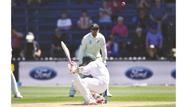 Bangladeshu2019s Mushfiqur Rahim ducks a bouncer on Day Five of the first Test against New Zealand in Wellington on Monday. (AFP)