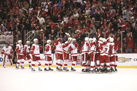 Detroit Red Wings players celebrate their win over the Boston Bruins in Detroit, Michigan. (Getty Images/AFP)