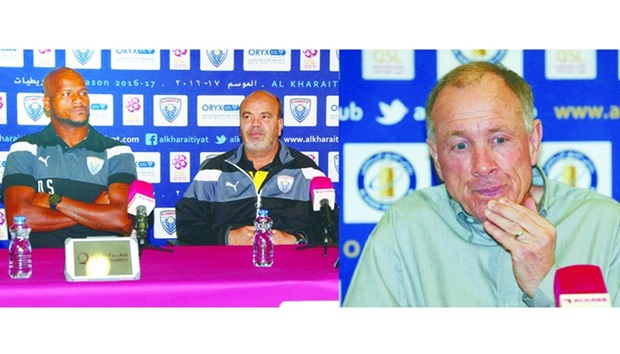 Al Kharaitiyat head coach Ahmad al-Ajlani (right) speaks at a press conference yesterday. RIGHT: Al Khoru2019s French coach Jean Fernandez reveals his pre-match thoughts. PICTURES: Othman Iraqi