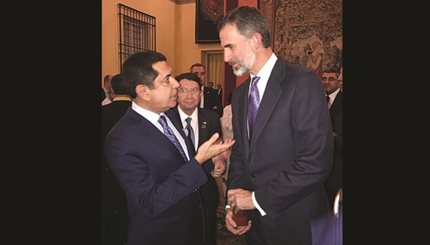 Nassir bin Abdulaziz al-Nasser with King Felipe VI of Spain during a meeting in Madrid yesterday.