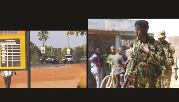 The motorcade of a delegation of West African leaders leave Gambiau2019s presidential residence near Banjul after they sought to convince Jammeh to step down.  RIGHT: Senegalese soldiers are seen patrolling close to the border with Gambia yesterday.
