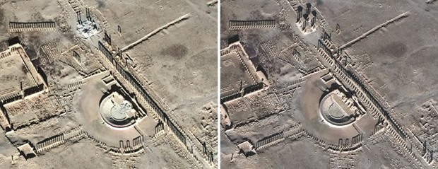 This combination of handout pictures provided yesterday shows satellite-detected images of the damaged Roman tetrapylon and amphitheatre in the ancient Syrian city of Palmyra on January 10 (left), and of the same monuments on December 26, 2016 (right) before they were demolished.