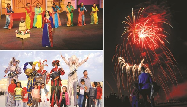 (TOP LEFT) The Souq Waqif Spring Festival 2017 in Doha features a variety of performances and shows daily.  PICTURE: Shemeer Rasheed.   (RIGHT) The fireworks display light up the sky at Wakrah. PICTURE: Ram Chand.   (BELOW LEFT) Stilt walkers dressed in colourful costumes entertain young visitors. PICTURE: Ram Chand