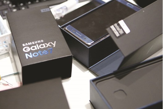 An exchanged Samsung Galaxy Note 7 is seen at the companyu2019s headquarters in Seoul. The worldu2019s largest smartphone maker is scheduled to announce tomorrow the results of an investigation into the fires that forced it to kill its most expensive device last year.