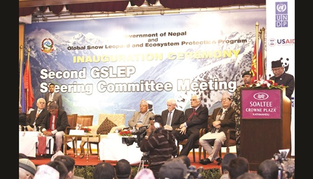 Nepalese Prime Minister Pushpa Kamal Dahal, right, delivers a speech during the inauguration ceremony of Second Global Snow Leopard and Ecosystem Protection Programme (GSLEP) steering committee meeting in Kathmandu on Friday.